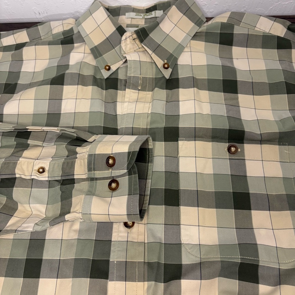 Men's Orvis Long Sleeve Shirt Size XL Button Down Pocket Green Tan Cream Check‎